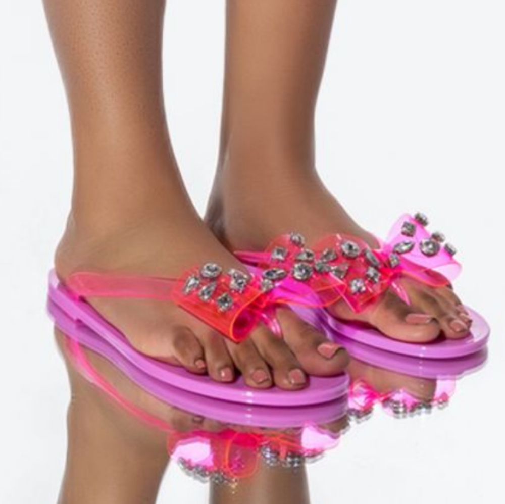 New! Pink Jelly Rhinestone Gem Crystal Bow Bling Flip-flops Flat Sandal - Picture 2 of 12